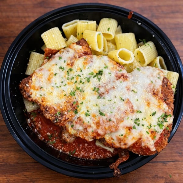 Chicken parmesan with melted cheese and parsley, served with rigatoni pasta in a black bowl.
