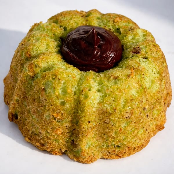 A vibrant green pistachio cake with a rich dark chocolate ganache filling on a white surface.