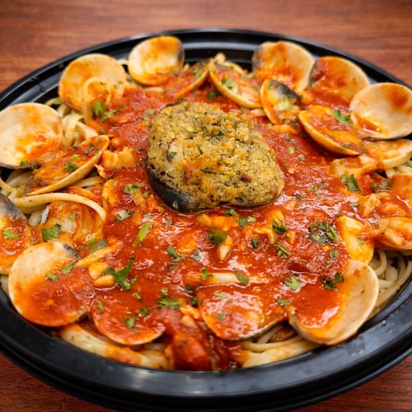 Linguine with clams, red sauce, and a large stuffed mushroom in a black bowl.