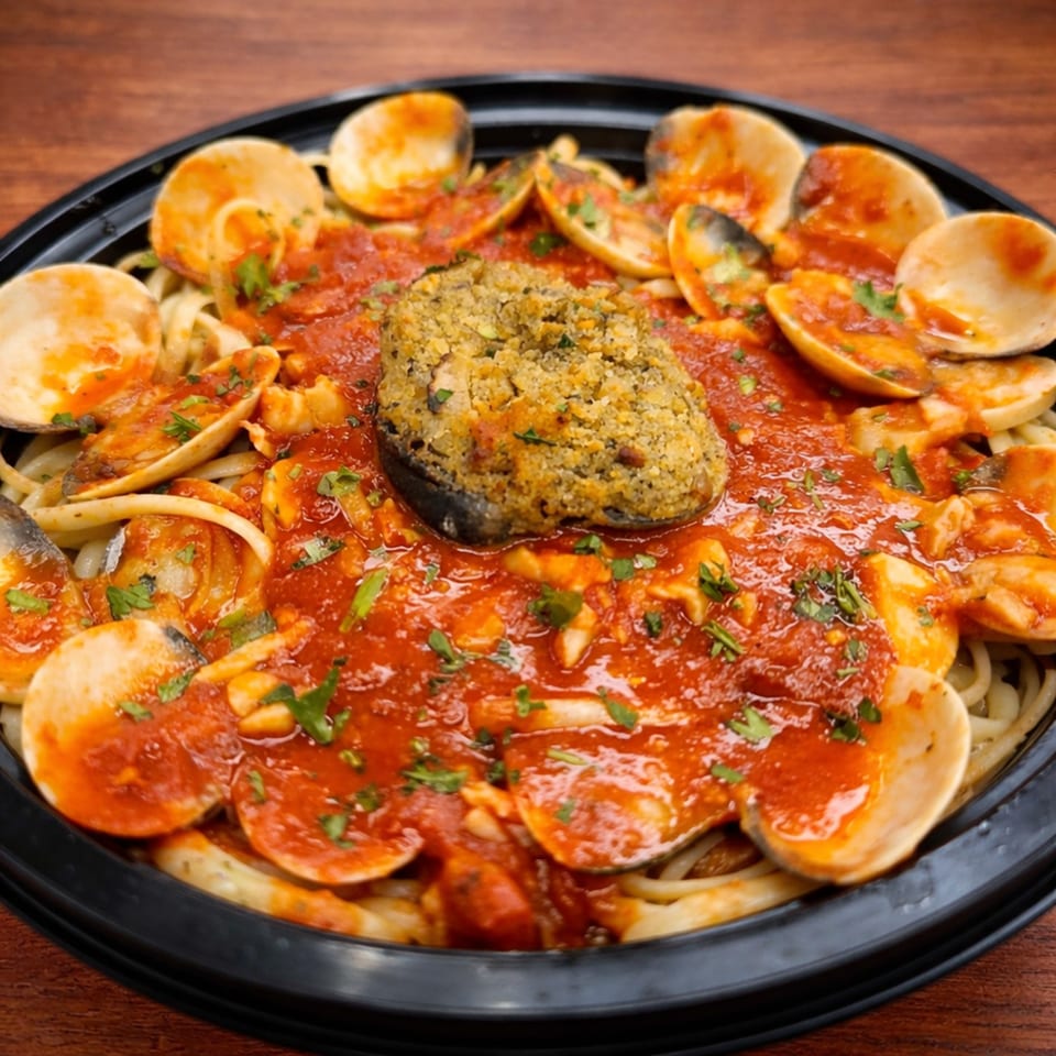Linguine with clams, red sauce, and a large stuffed mushroom in a black bowl.