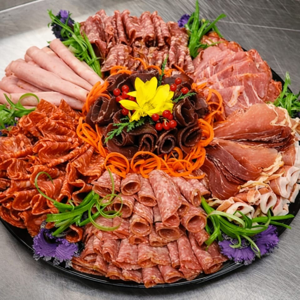 A large charcuterie board filled with various meats, garnished with carrots, berries, and purple flowers.