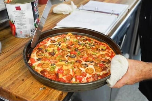 Mediterranean (Meat & Veggie) Pizza.